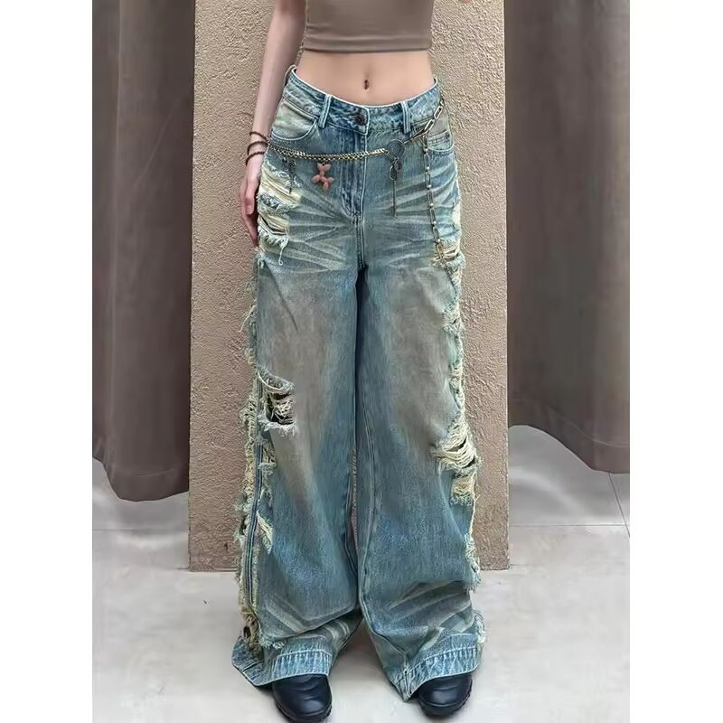 Women's Y2k Baggy Ripped Jeans Harajuku Aesthetic Japanese 2000s Style Oversize Denim Trousers Vintage Jean Pants Trashy Clothes
