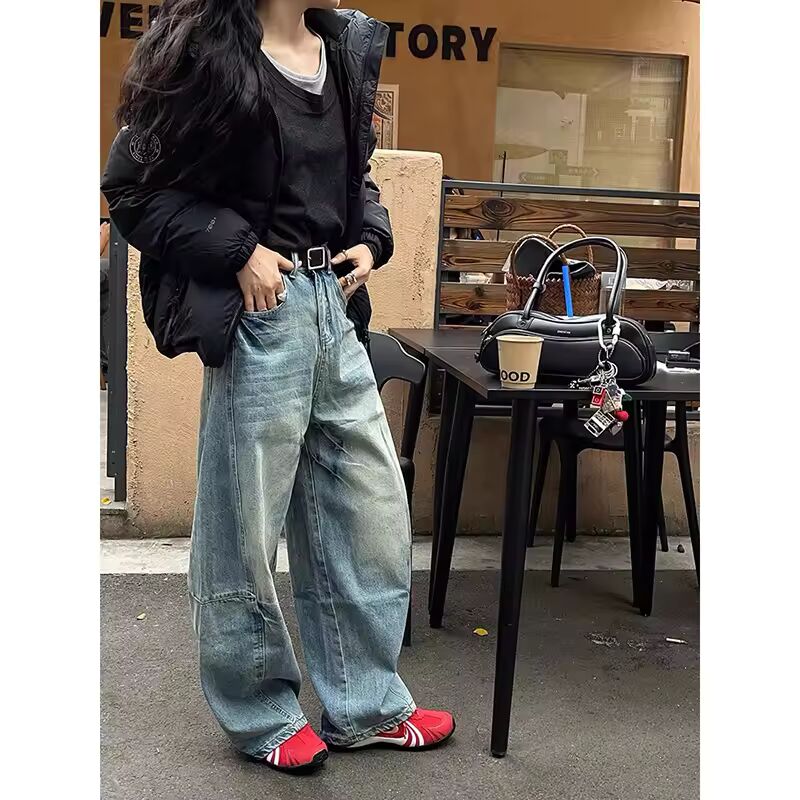 American Washed Vintage 2000s Wide Leg Jeans Women's CleanFit High Street Loose Casual Versatile Casual Pants Knife Edge Design